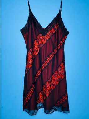 Urban Outfitters Orange Silk and Mesh Black Lace Diagonal
Panel Slip Dress